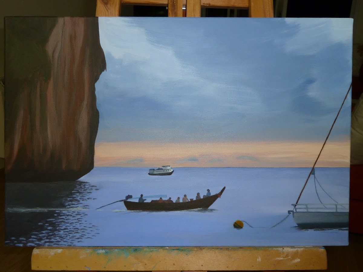 Oil painting of sunset sea cliff and boats