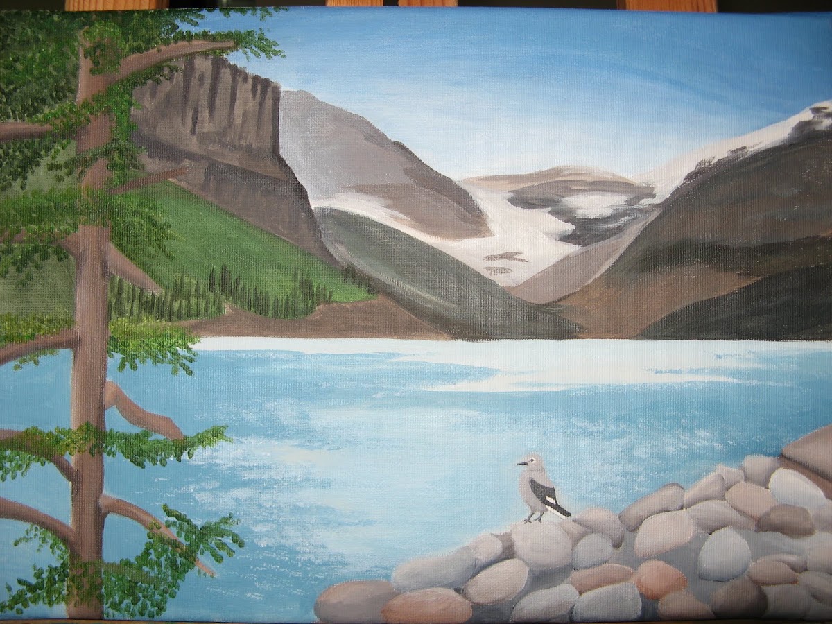 Acrylic painting of alpine mountain lake